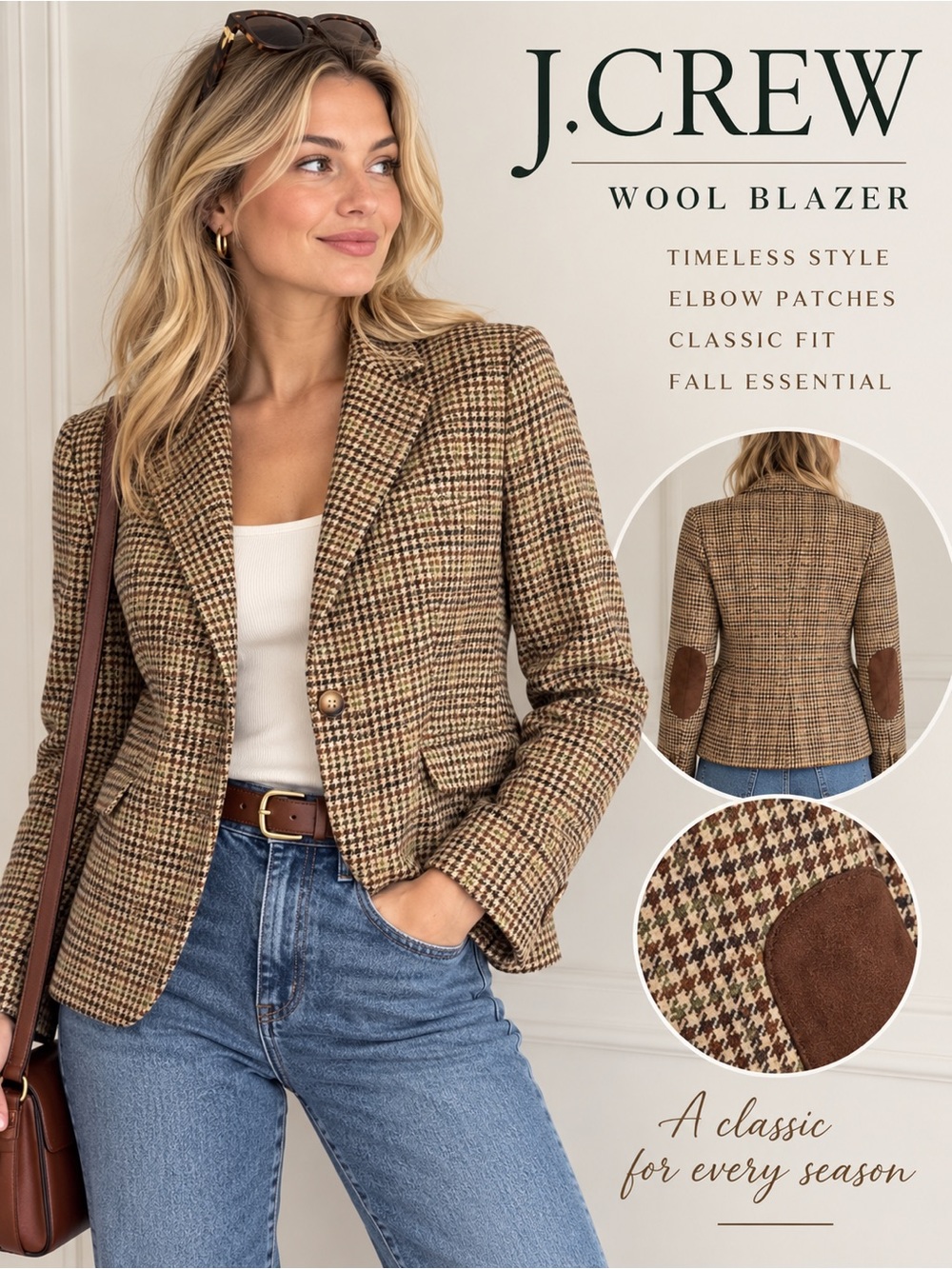 J. Crew Wool Houndstooth Blazer Brown Tan Elbow Patch Preppy Academia Size 8